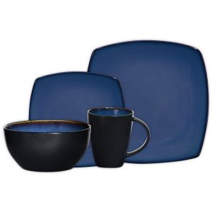 2. Gibson Soho Lounge 16-Piece Square Reactive Glaze Dinnerware Set, Blue