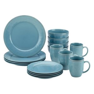 #5. Rachael Ray 55093 Cucina 16-Piece Stoneware Dinnerware Set, Agave Blue