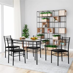 VECELO Dining Table with 4 Chairs Black