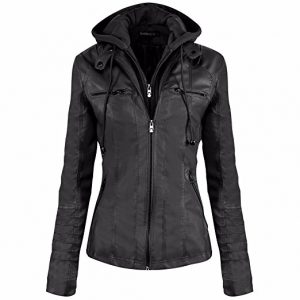 Newbestyle Hooded Faux Leather Women Motorcycle Jacket