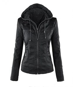 Showlovein Women Hooded Faux Leather Motorcycle Jacket