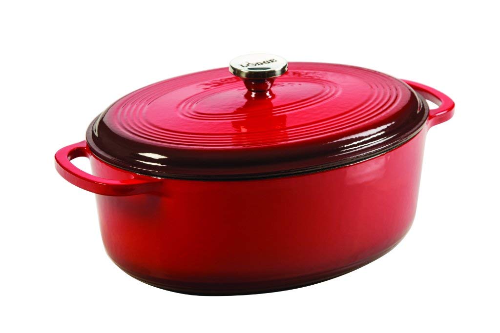 Lodge 7 Quart Oval Classic Enamel Cast Iron Red Dutch oven plus Self-Basting Lid