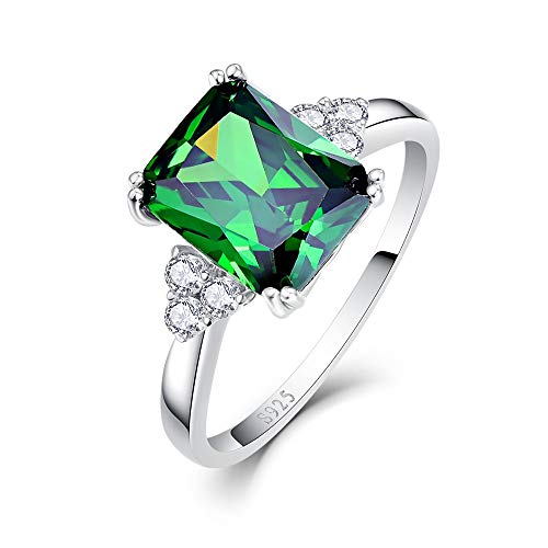 BONLAVIE Women's 5.3ct Emerald Cut Created Green Emerald 925 Sterling Silver Engagement Ring