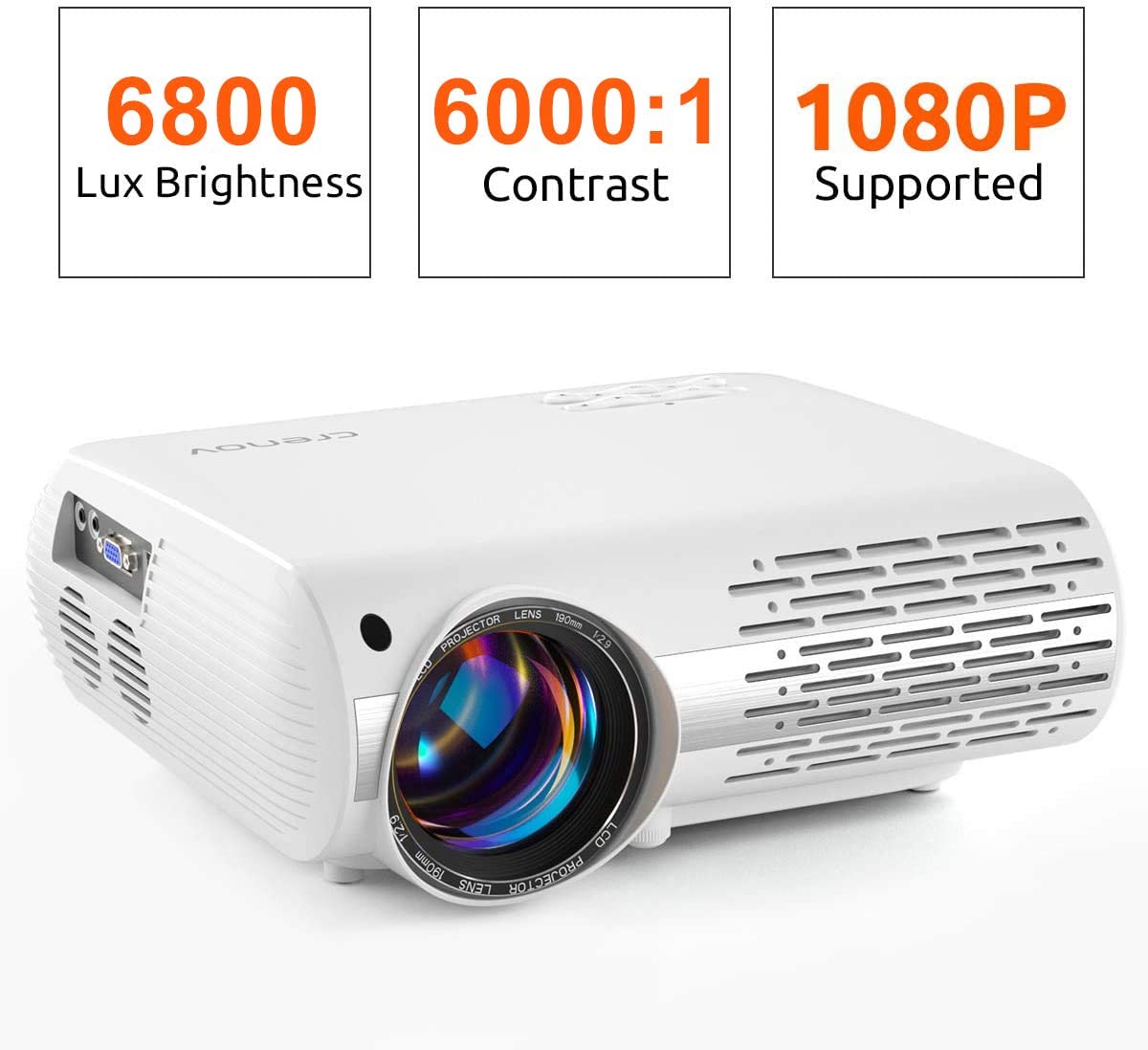 Crenova Video Projector, 6800 Lux Home Movie Projector