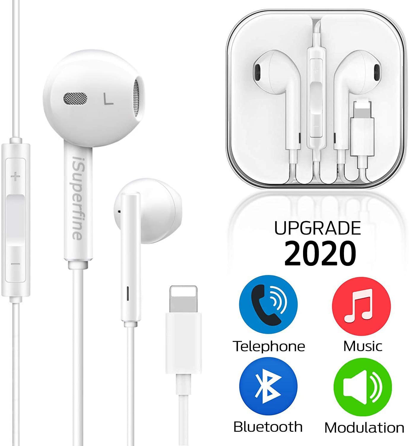 iSuperfine Earbuds Headset Wired Earphones Headphone with Microphone and Volume Control, Compatible with iPhone 11/11Pro/11Pro Max/Xs/XS Max/XR/X/8/8 Plus/7 and iOS 11/12/13 (White)