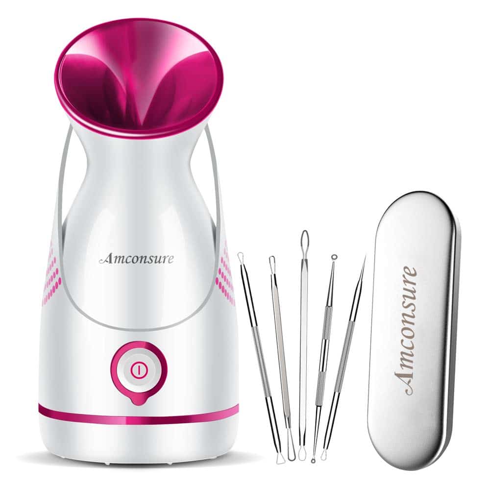 Amconsure Facial Steamer - Nano Ionic Facial Steamer Warm Mist Moisturizing Face Steamer Home Sauna SPA pores Cleanse Clear Blackheads Acne Impurities Skin Cares - 5 Piece Stainless Steel Skin Kit