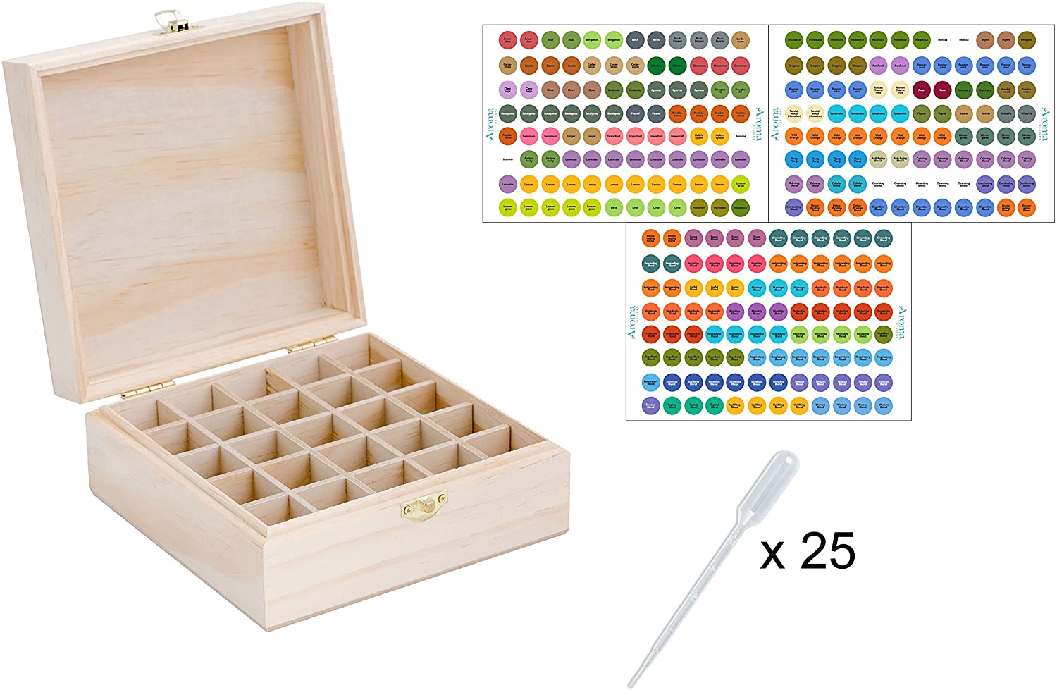 Aroma Designs Wooden Box with Labels for Essential Oil Bottles (Holds 25)