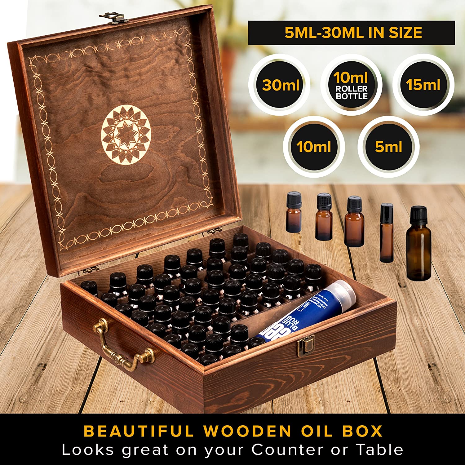 Beautiful Essential Oil Storage Box Organizer 62 Bottle - With 2 Carry Handles - Holds 5-10-15-30ML & 10ml Rollers (Space for 2oz-4oz Bottles) Free Bottle Opener & 192 EO Labels Wooden Oil Case Holder