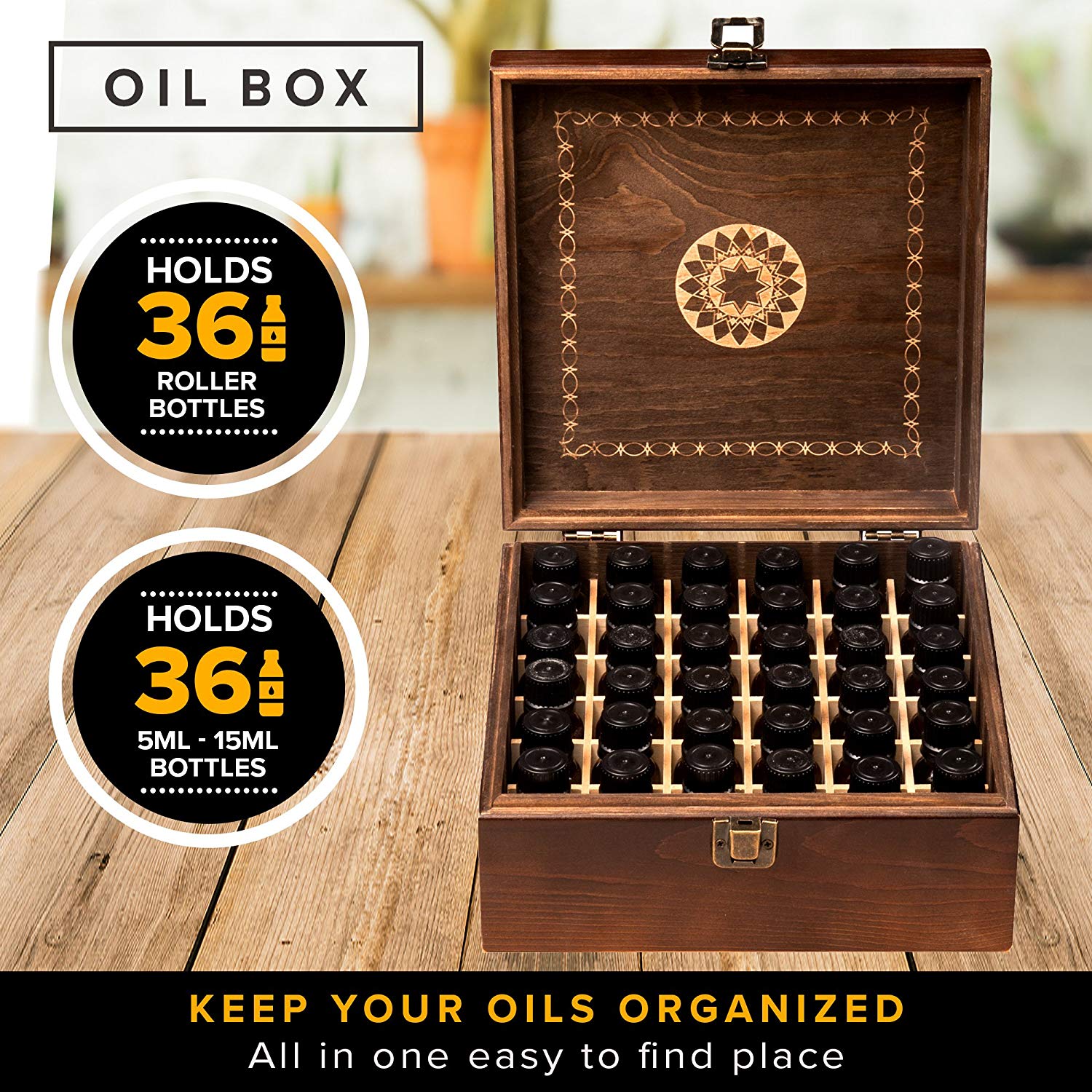 Beautiful Essential Oil Storage Organizer Box 36 Bottle - Holds 5-15ml &10ml Roller Bottles - Free Roller Bottle Opener & 192 EO Labels - Wooden Oil Case Holder