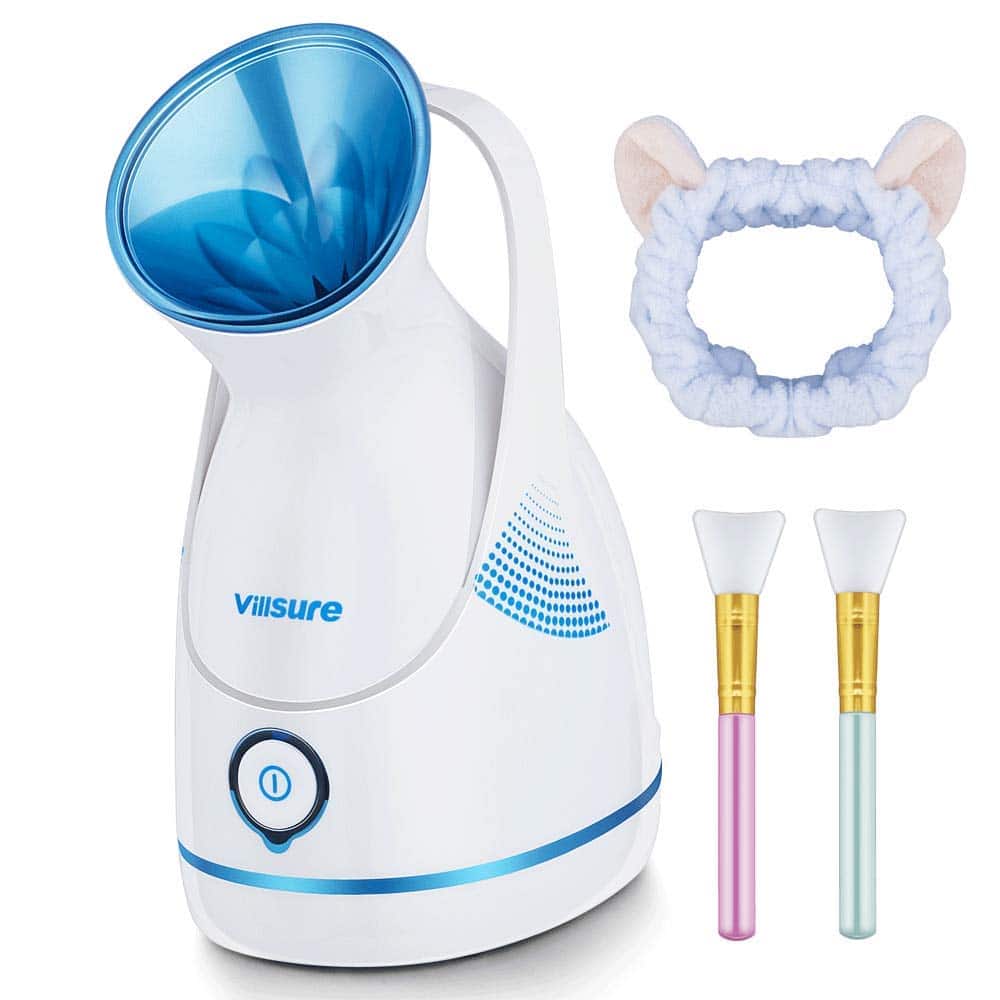 Facial Steamer, VillSure Nano Ionic Face Steamers for Facial Portable Home Facial Humidifier Warm Mist Steam Face Machine Sauna SPA Face Steaming Skincare with Face Mask Brushes and Hair Band