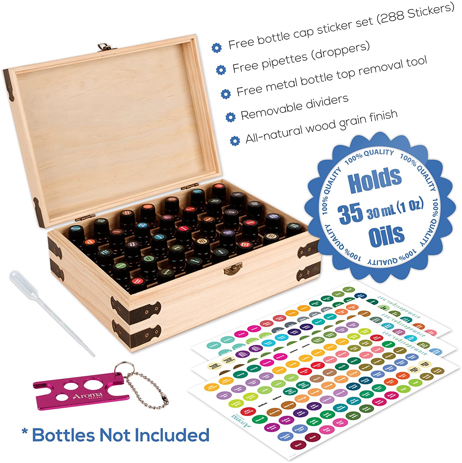 Pine Wood Essential Oil Box Organizer - Holds 35 30ml (1 oz) Bottles - Includes Labels and Bottle Top Removal Tool - Protect, Store, & Organize Pure Essential Oils