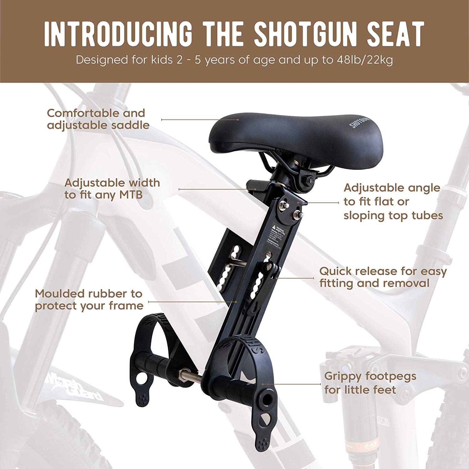 SHOTGUN Kids Bike Seat for Mountain Bikes | Front Mounted Bicycle Seats for Children 2-5 Years (up to 48 Pound) | Compatible with All Adult MTB | Easy to Install