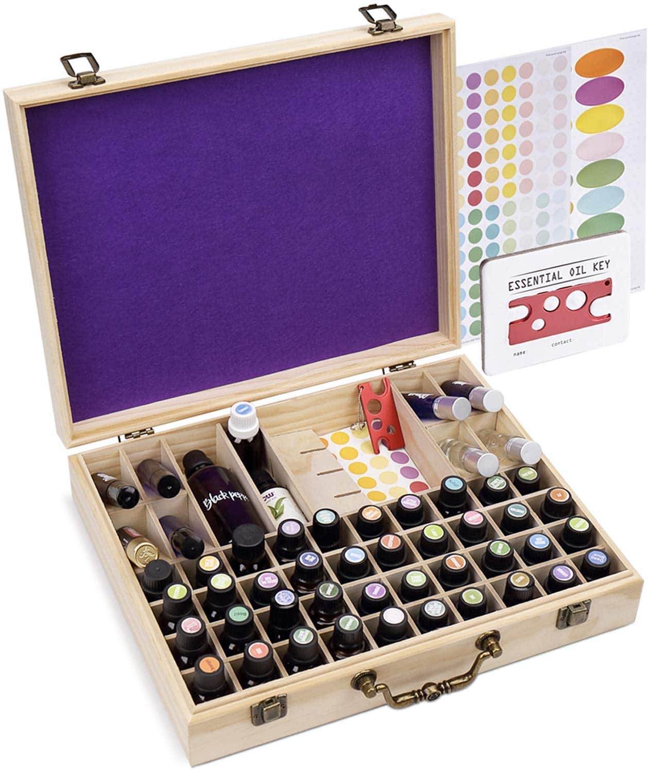 Soligt 72 Bottle Wooden Essential Oils Storage Box with Handle, 64 Slot for 5-15ml Essential Oils & 8 Slot for 10ml Roller Bottles