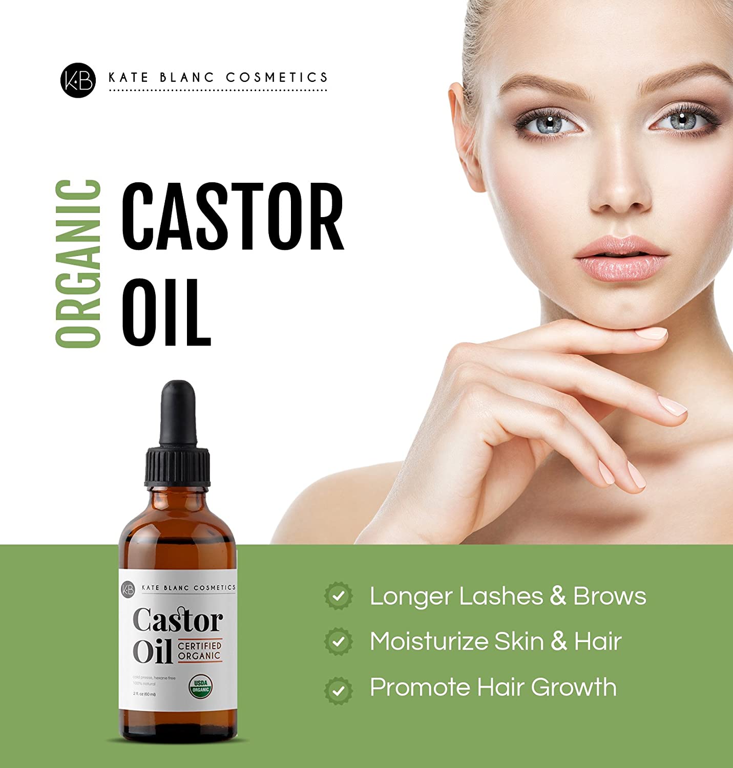 Castor Oil (4oz), USDA Certified Organic, 100% Pure, Cold-Pressed, Hexane Free by Kate Blanc. Stimulate Growth for Eyelashes, Eyebrows, Hair Skin Moisturizer & Oil Cleanse. FREE Starter Kit