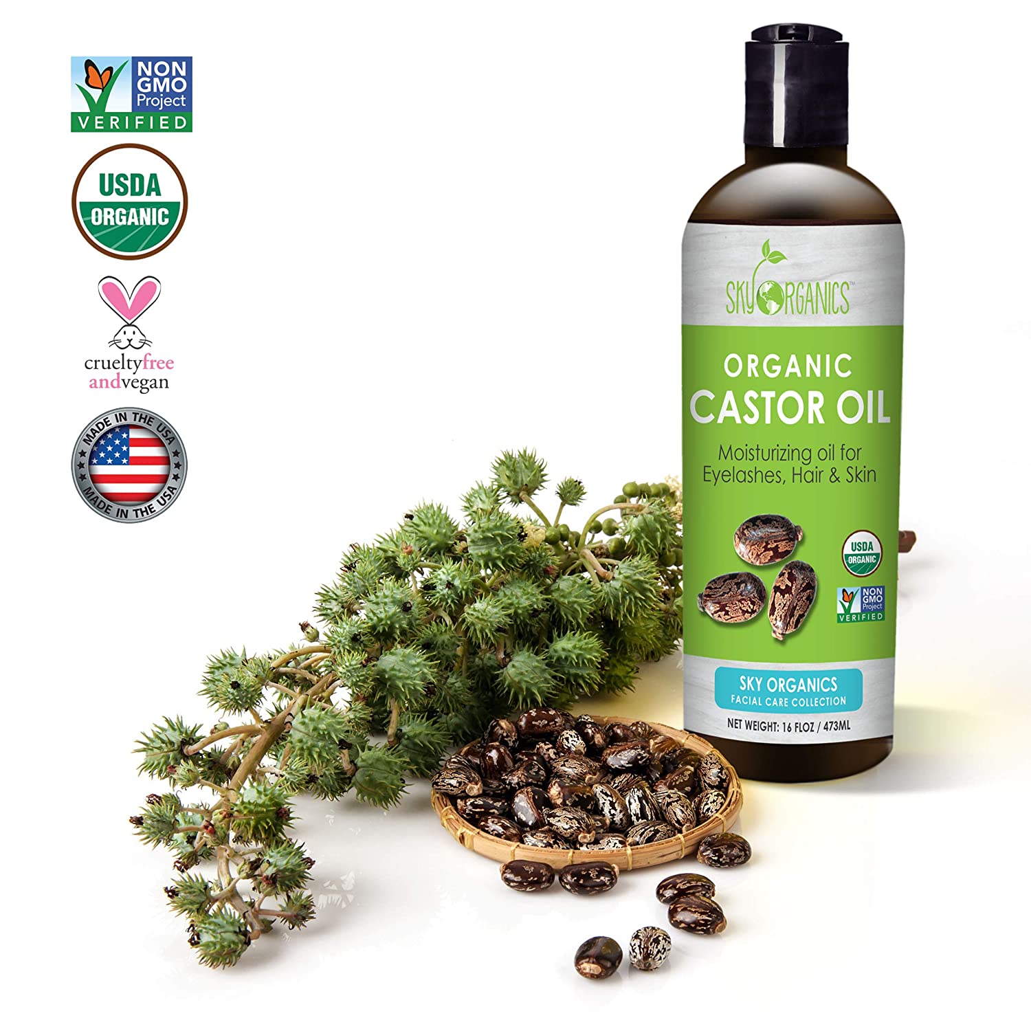 Castor Oil USDA Organic Cold-Pressed 100% Pure, Hexane-Free Castor Oil - Moisturizing & Healing, For Dry Skin, Hair Growth - For Skin, Hair Care, Eyelashes - Caster Oil By Sky Organics, 16oz (1 Pack)