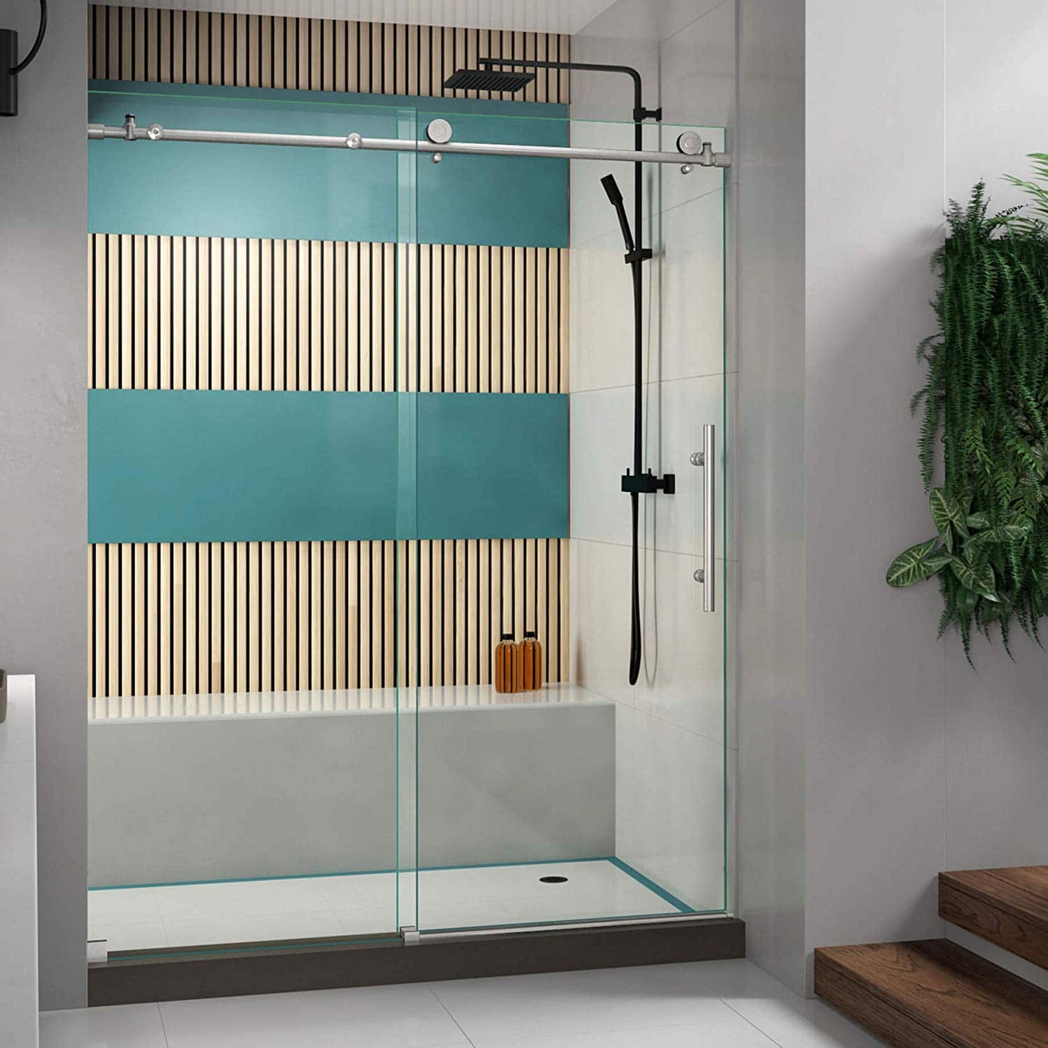 DreamLine Enigma-X 56-60 in. W x 76 in. H Fully Frameless Sliding Shower Door in Brushed Stainless Steel, SHDR-61607610-07