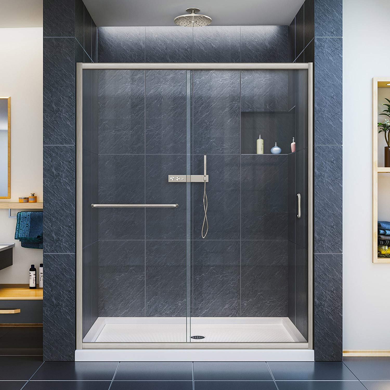 DreamLine Infinity-Z 56-60 in. W x 72 in. H Semi-Frameless Sliding Shower Door, Clear Glass in Brushed Nickel