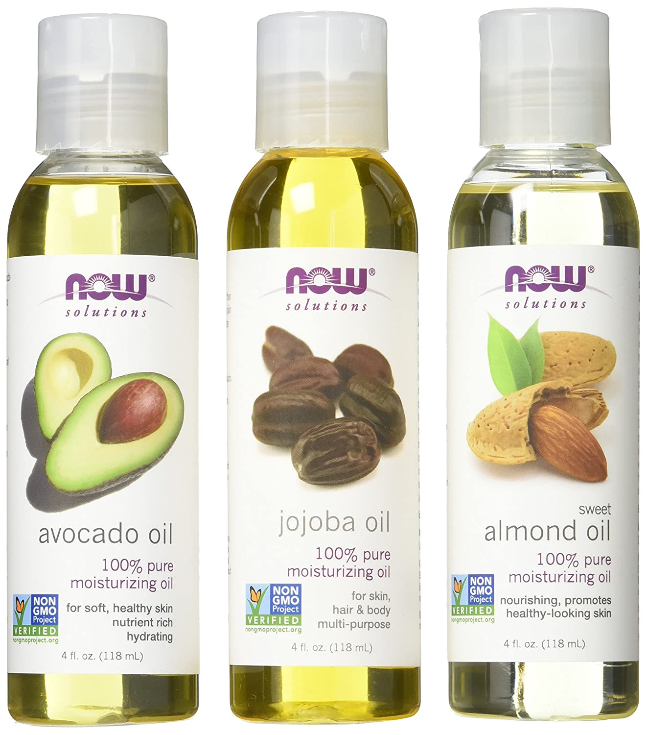 Now Foods Variety Moisturizing Oils Sampler: Sweet Almond, Avocado, and Jojoba Oils - 4oz. Bottles each