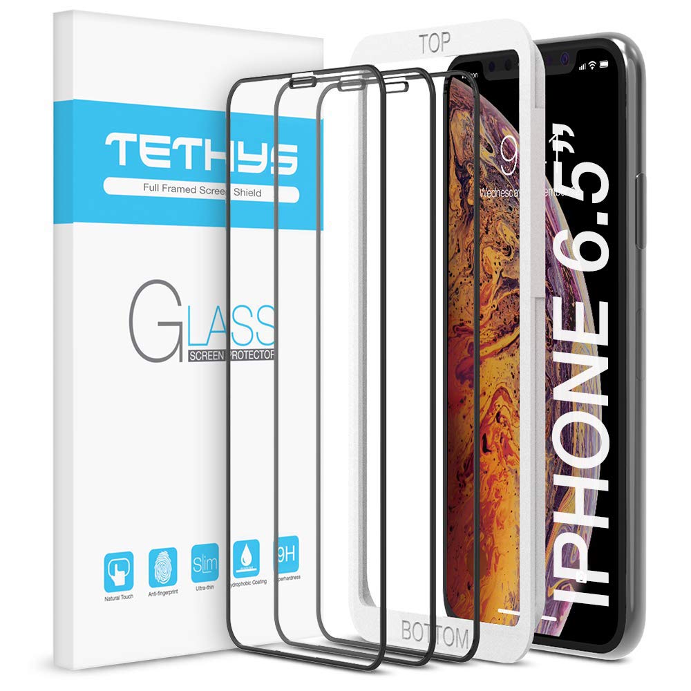 TETHYS Glass Screen Protector Designed for Apple iPhone 11 Pro Max/iPhone Xs Max (6.5") [Edge to Edge Coverage] Full Protection Durable Tempered Glass [Guidance Frame Included] - Pack of 3