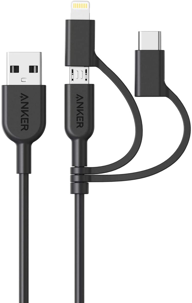 Anker II 3-in-1 Cable, Lightning/Type C/Micro USB Cable for iPhone, iPad, HTC, LG, Samsung Galaxy, Android Smartphones, iPad Pro 2018 and More(3ft, Black)