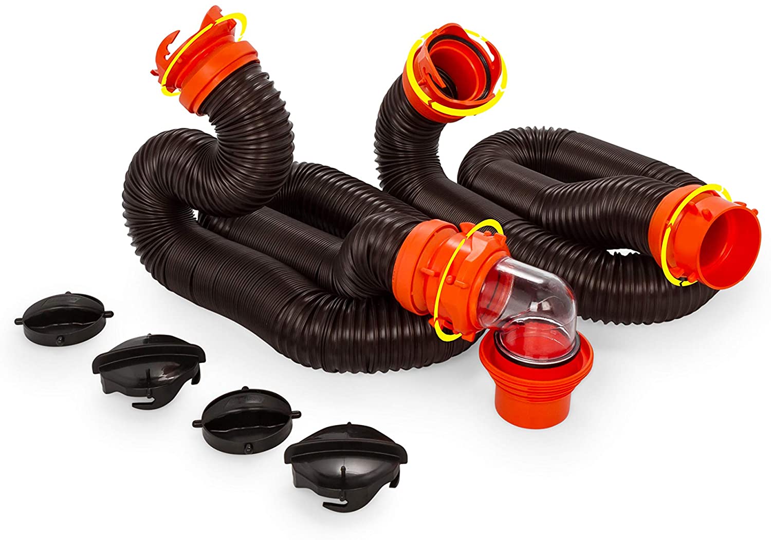 Camco 20' (39742) Rhino FLEX 20-Foot RV Sewer Hose Kit, Swivel Transparent Elbow with 4-in-1 Dump Station Fitting-Storage Caps Included