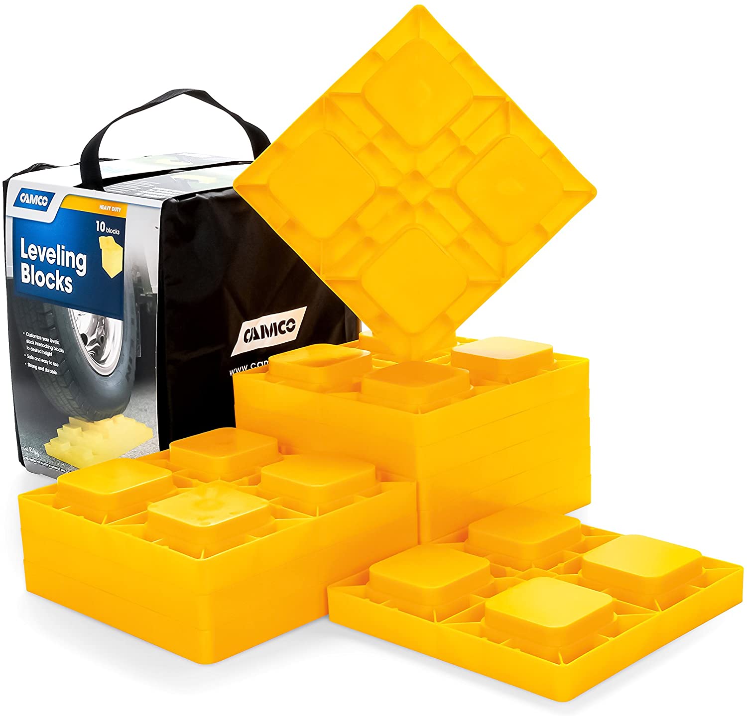 Camco 44510 Heavy Duty Leveling Blocks, Ideal For Leveling Single and Dual Wheels, Hydraulic Jacks, Tongue Jacks and Tandem Axles (10 pack, Frustration-Free Packaging)
