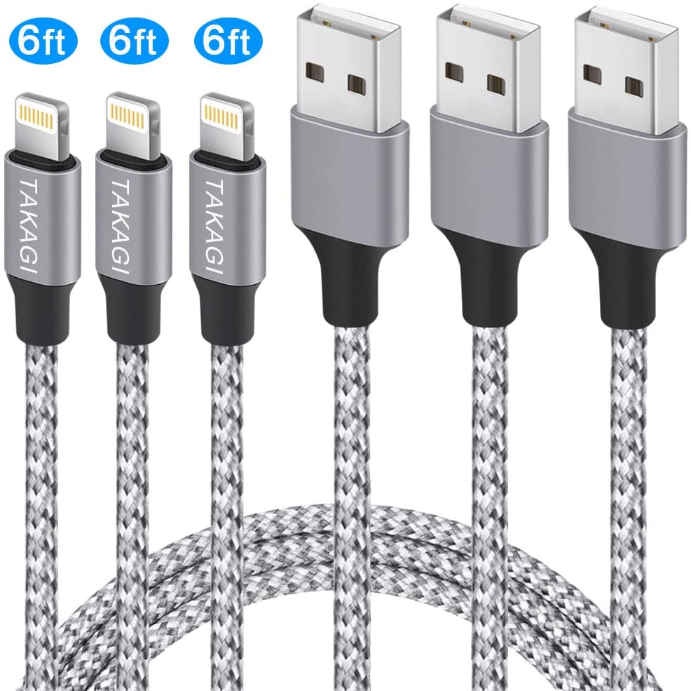 iPhone Charger, TAKAGI Lightning Cable 3PACK 6Ft Nylon Braided USB Charging Cable High Speed Data Sync Transfer Cord Compatible with iPhone 11/11 Pro Max/XS MAX/XR/XS/X/8/7/Plus/6S/iPad(Silver Gray)