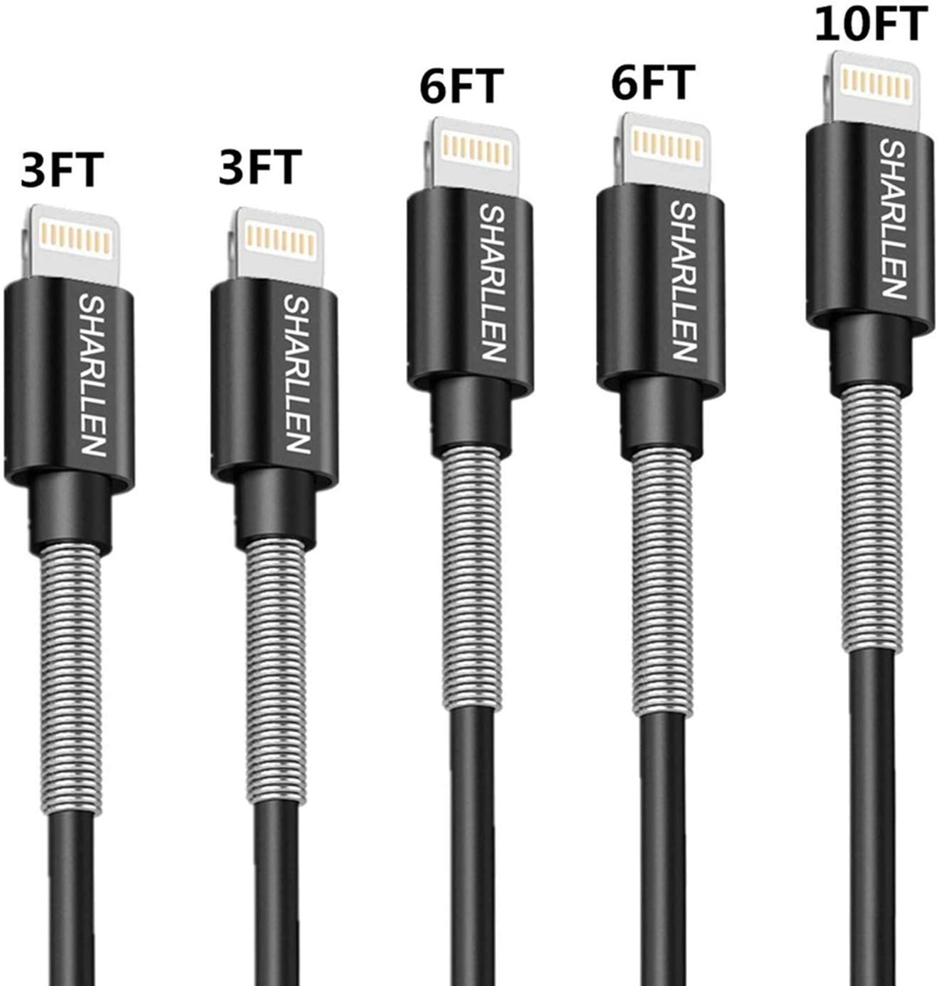 iPhone Sharllen Metal Spring iPhone Charger Cable Lightning Cable 3FT/6FT/10FT Long iPhone Charging Cord Data Wire Compatible iPhone 11/XS/Max/X/8/8Plus/7/7P/6/6 P/6S/iPad Black