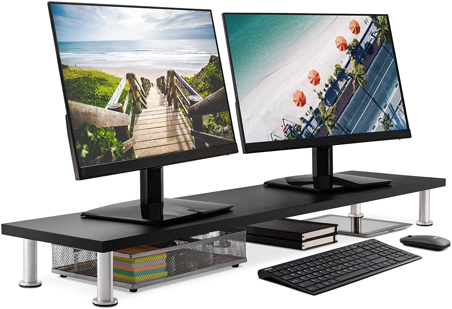 Large Dual Monitor Solid Bamboo Riser