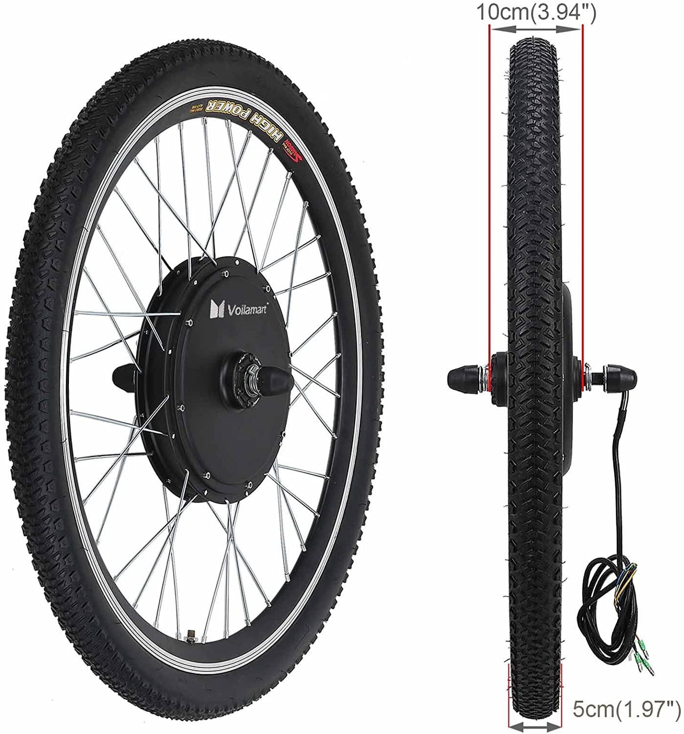 Voilamart Electric Bicycle Wheel Kit 26" Front Wheel 48V 1000W E-Bike Conversion Kit, Cycling Hub Motor with Intelligent Controller and PAS System for Road Bike