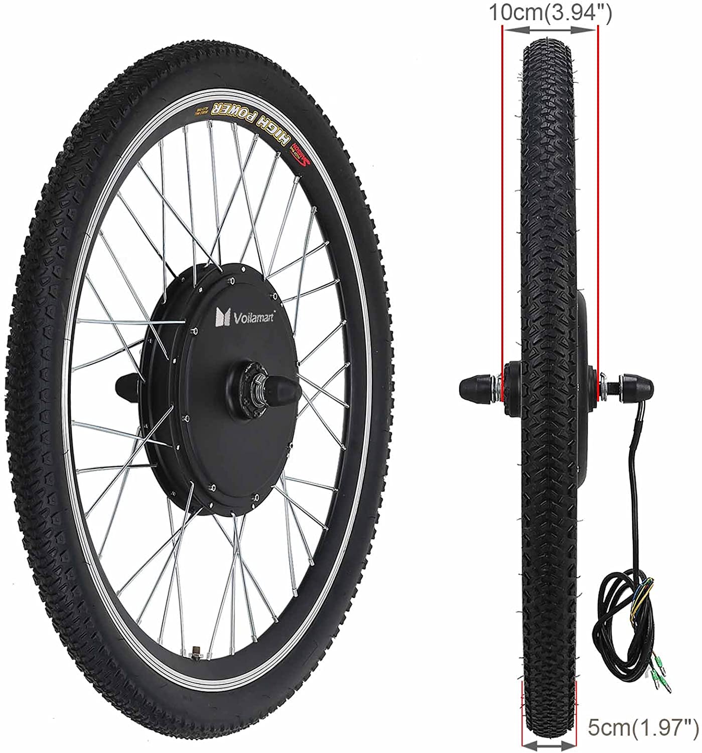 Voilamart Electric Bicycle Wheel Kit 26" Front Wheel 48V 1000W E-Bike Conversion Kit, Cycling Hub Motor with Intelligent Controller and PAS System for Road Bike
