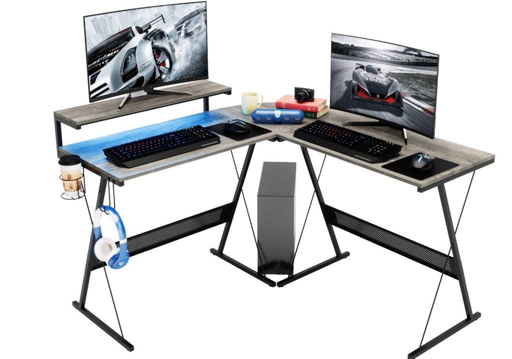 Domy Home L Shaped Computer Desk with Corner Large Monitor Table Modern Gaming Desk RGB LED Lights Home Office Desk Win Space-Saving, Easy to Assemble Grey Oak