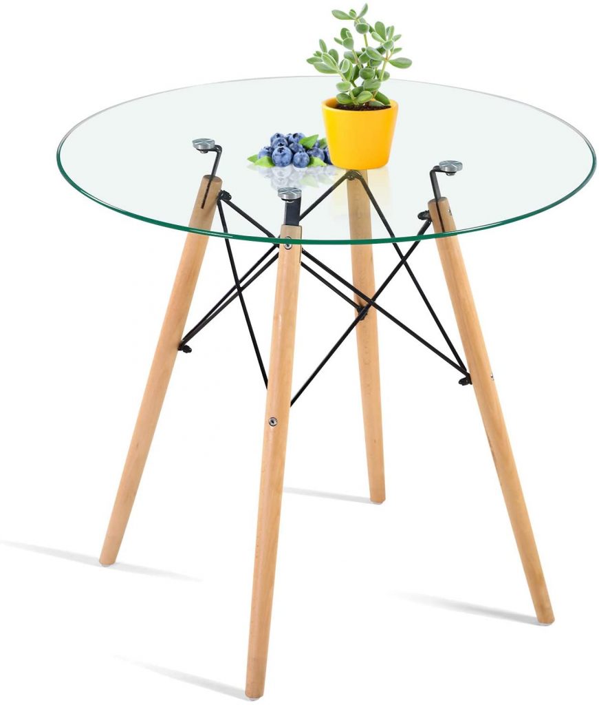 HAYOSNFO Round Dining Table with Glass Top Modern Leisure Table with Wood Legs, Coffee Table for Kitchen Dining Room & Living Room