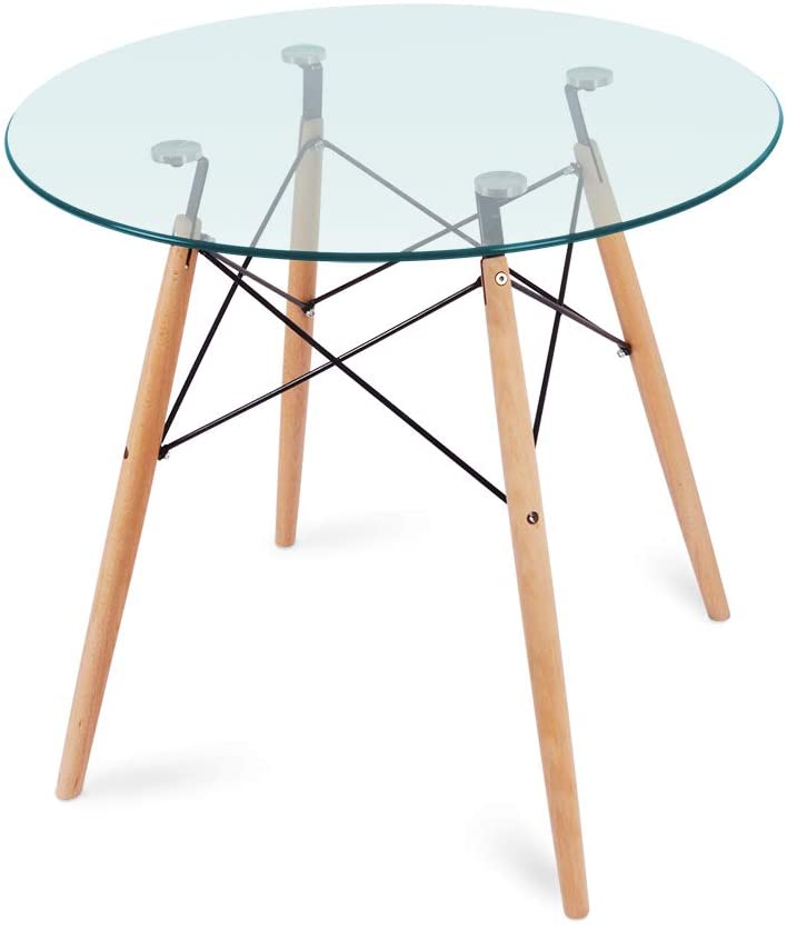 Nidouillet Round Glass Dining Table, Beech Wood Legs for Kitchen Living Room AB053
