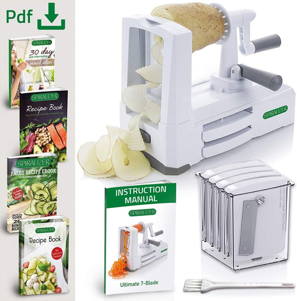 Spiralizer 7-Blade Vegetable Slicer, Strongest-and-Heaviest Spiral Slicer, Best Veggie Pasta Spaghetti Maker Comes with 4 Recipe Ebooks