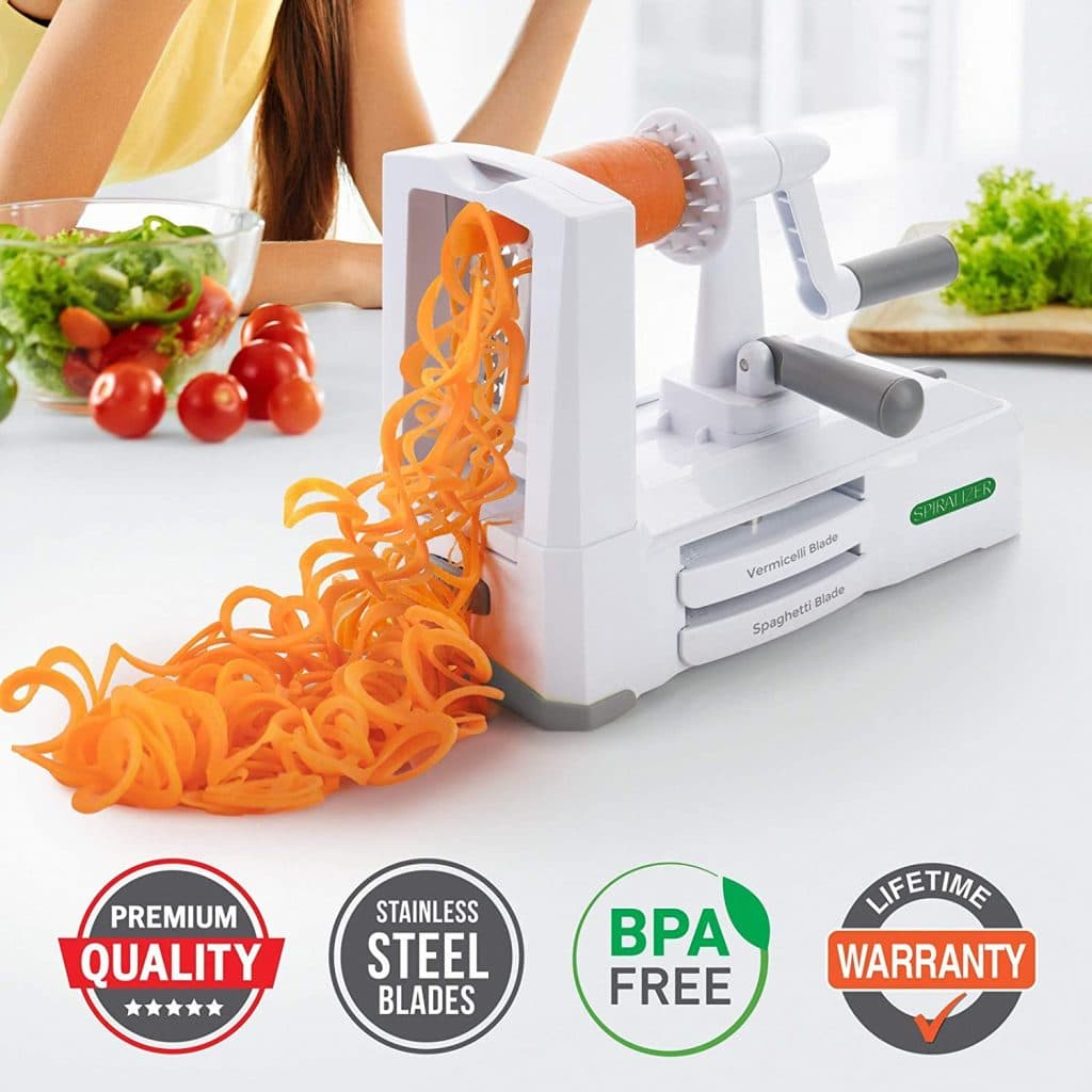 Spiralizer Ultimate 10 Strongest-and-Heaviest Slicer Best Veggie Pasta Spaghetti Maker with Extra Blade Caddy & 4 Recipe Color White