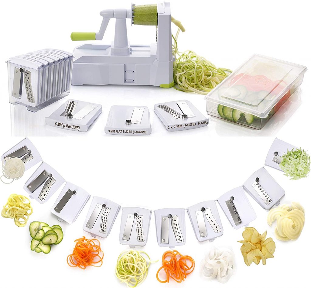 Brieftons 10-Blade Spiralizer: Strongest-and-Heaviest Vegetable Spiral Slicer, Best Veggie Pasta Spaghetti Maker, Container, Lid & 4 Recipe Ebooks