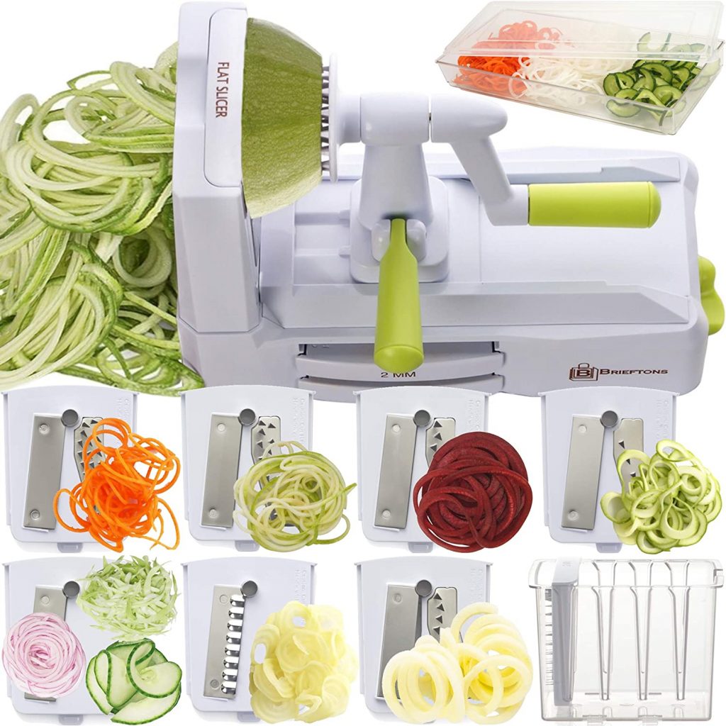 Brieftons 7-Blade Spiralizer: Strongest-and-Heaviest Duty Vegetable Spiral Slicer, Best Veggie Pasta Spaghetti Maker with Container, Lid, Blade Caddy & 4 Recipe Ebooks