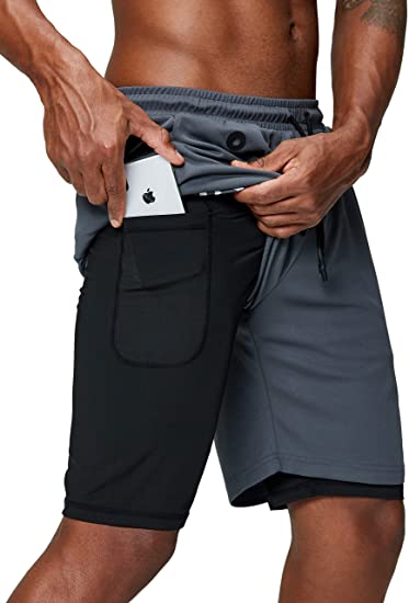 Pinkbomb Men's 2 in 1 Running Shorts Gym Workout Quick Dry Mens Shorts with Phone Pocket