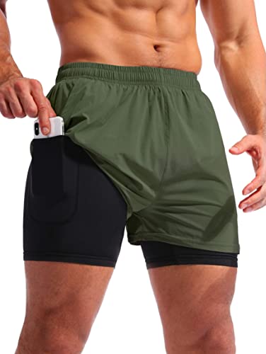 Pudolla Men’s 2 in 1 Running Shorts 5" Workout Shorts for Men with Phone Pockets